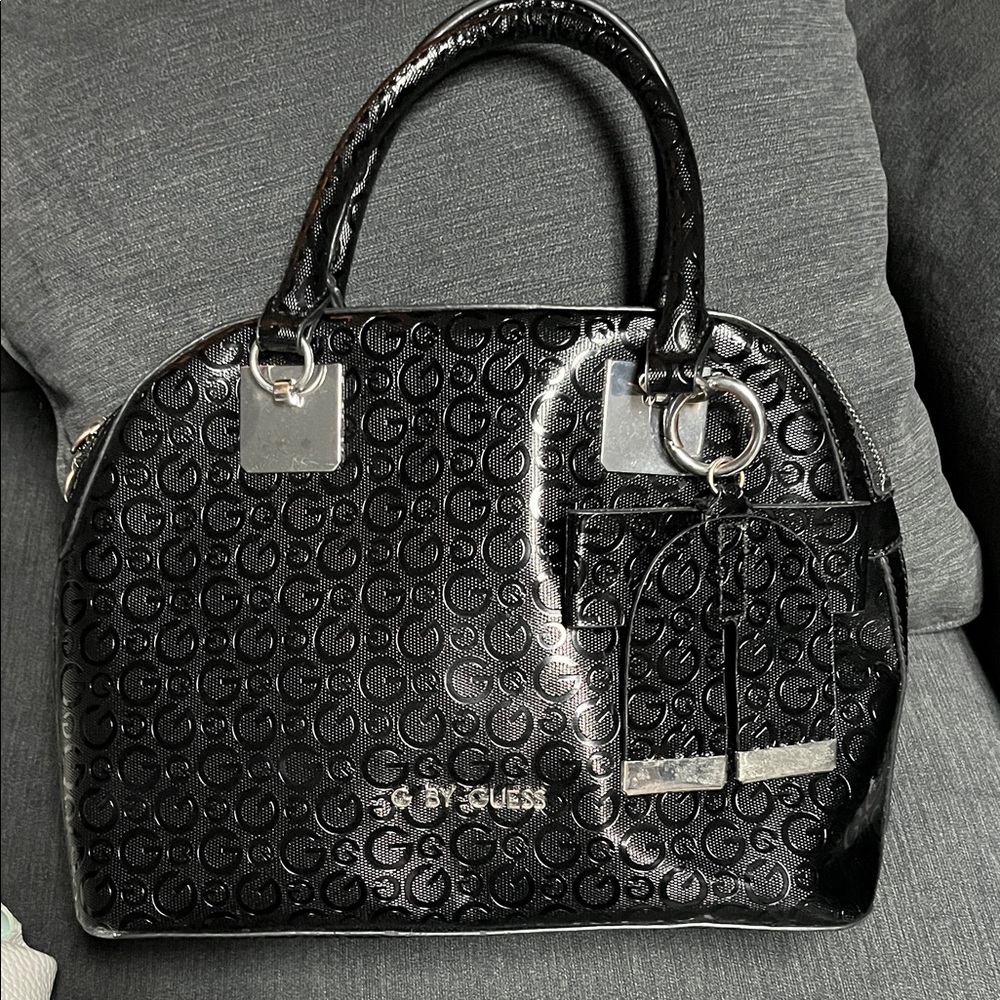 GUESS Shiny Black Embossed Satchel